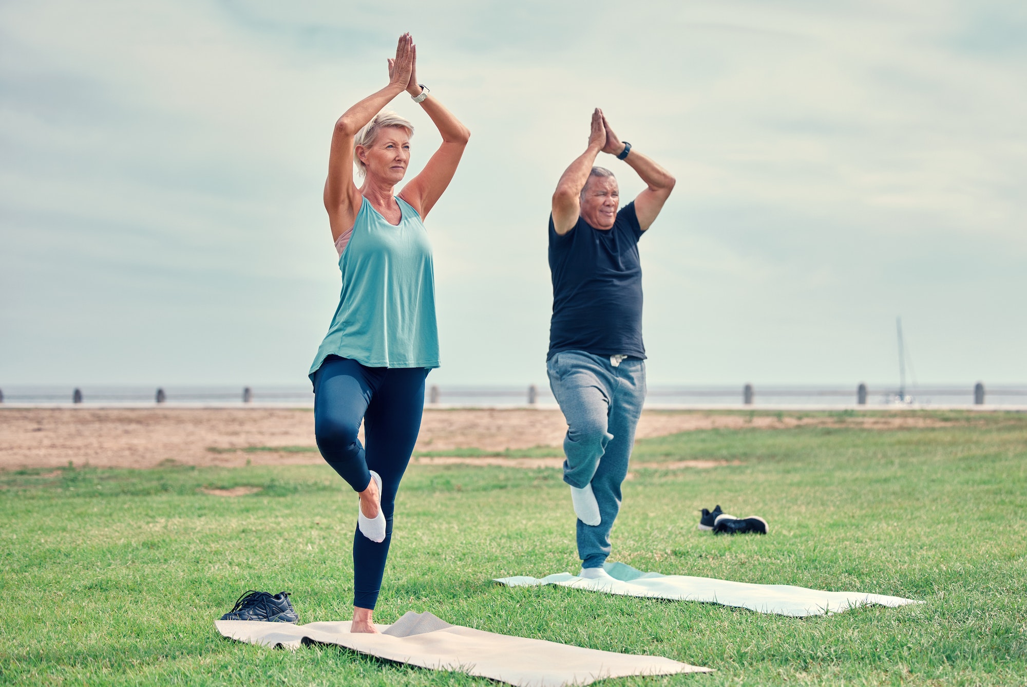Yoga, fitness and senior couple wellness in park zen, holistic meditation or retirement health for